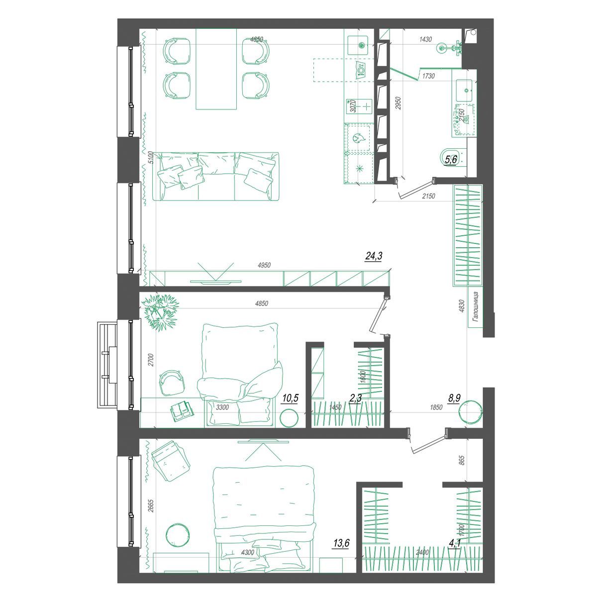 3-комнатная, 70.5 м², № 373 в Нефрит