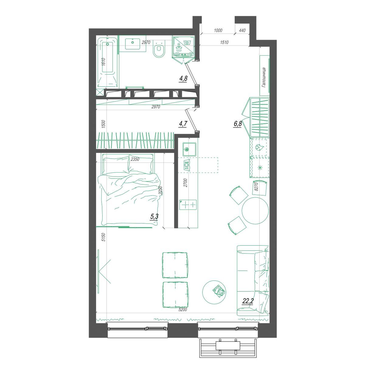 1-комнатная, 44.2 м², № 383 в Нефрит