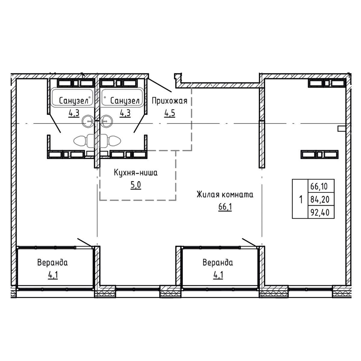 1-комнатная, 92.4 м², № 257 в Агат