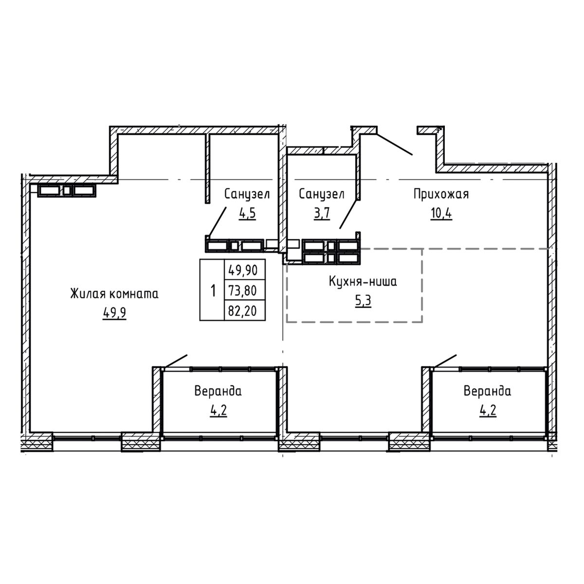 1-комнатная, 82.2 м², № 160 в Агат