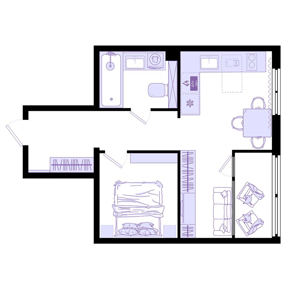 1-комнатная, 44.2 м², № 24 в Агат