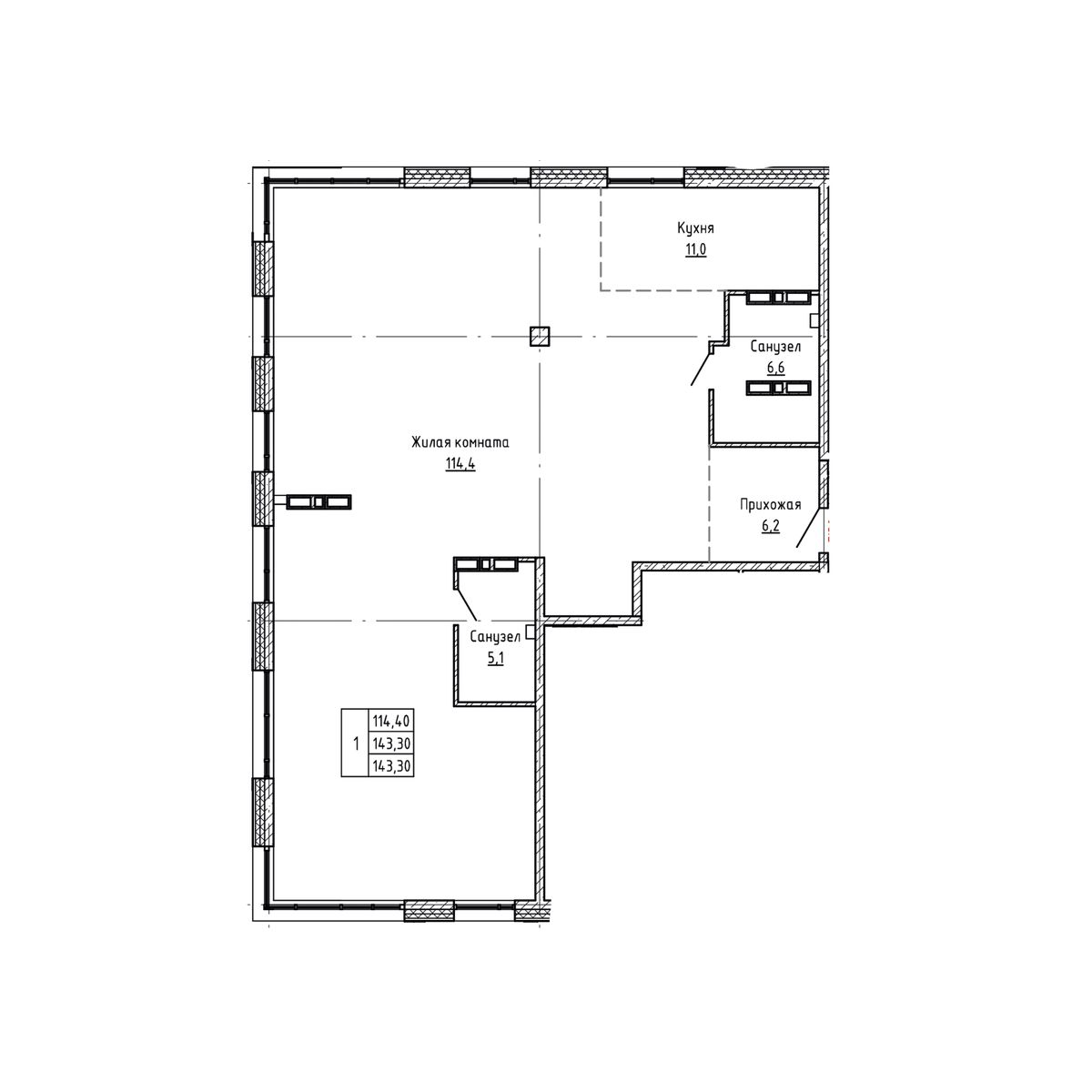 1-комнатная, 143.3 м², № 159 в Агат