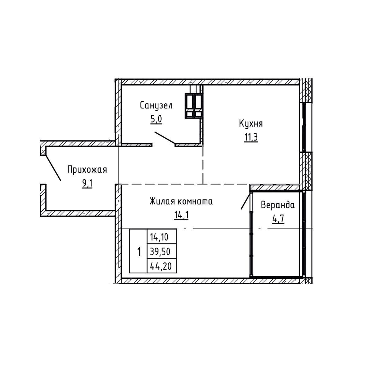 1-комнатная, 44.2 м², № 24 в Агат