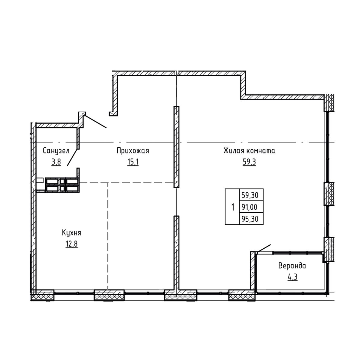 1-комнатная, 95.3 м², № 161 в Агат