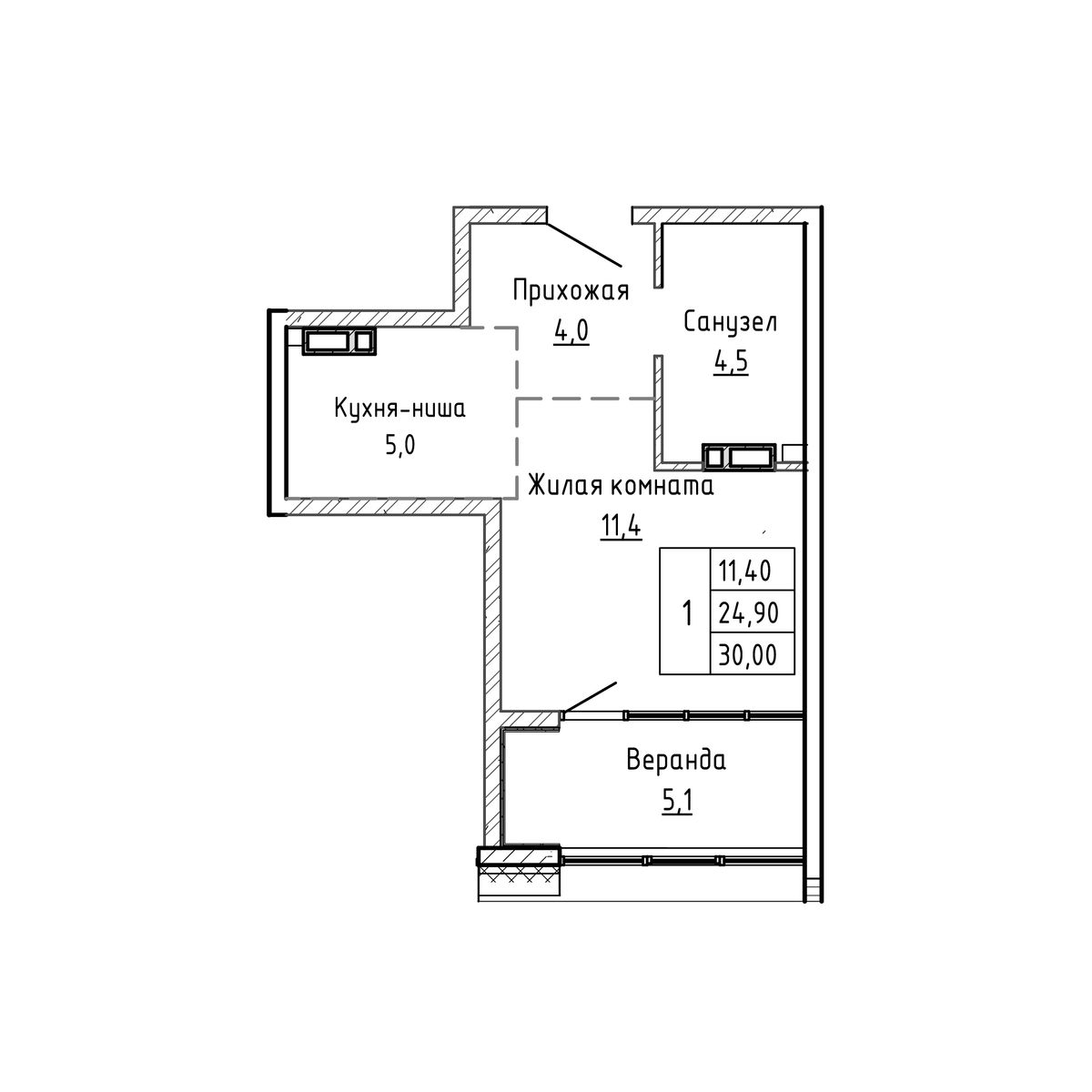 2-комнатная, 30 м², № 126 в Агат
