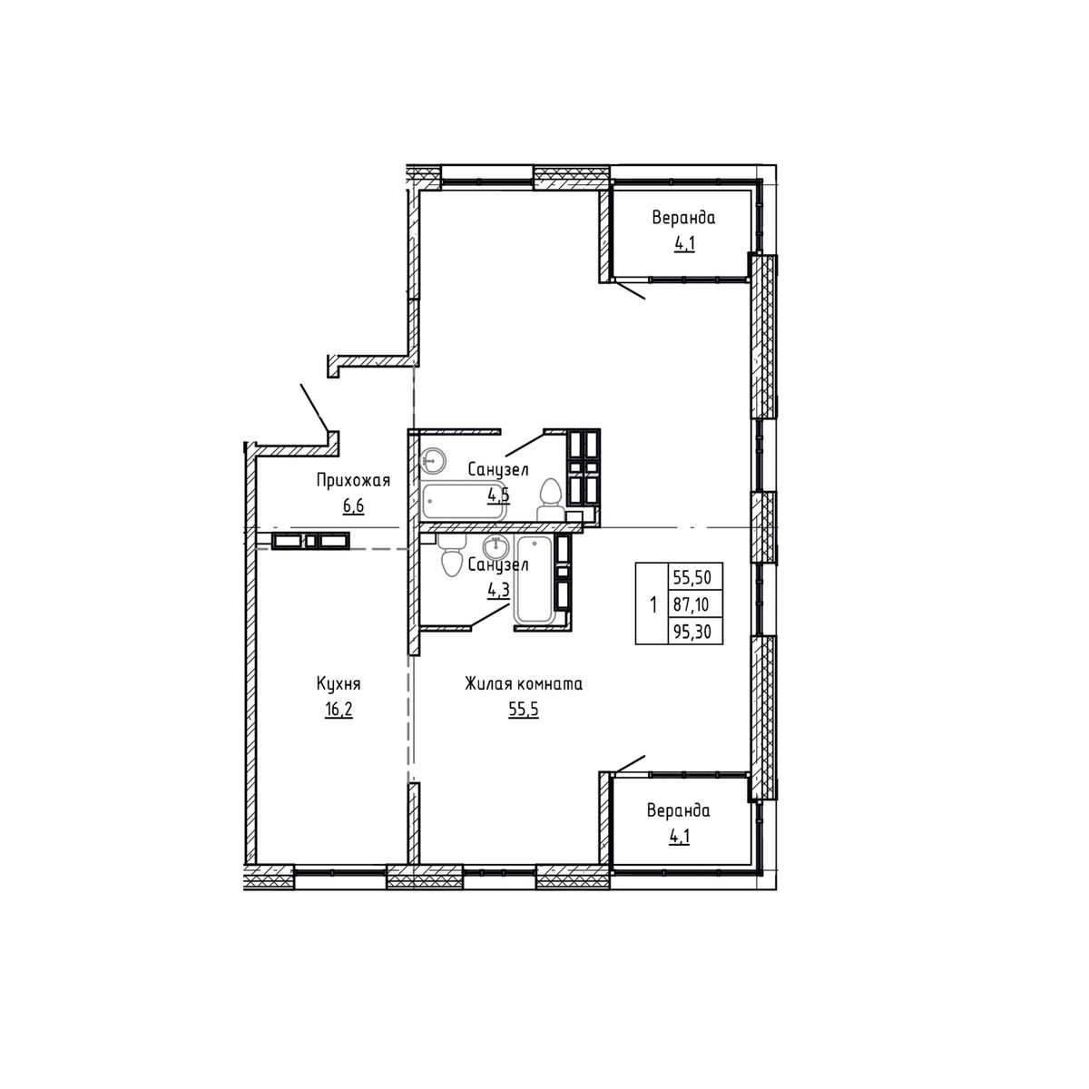1-комнатная, 95.3 м², № 258 в Агат