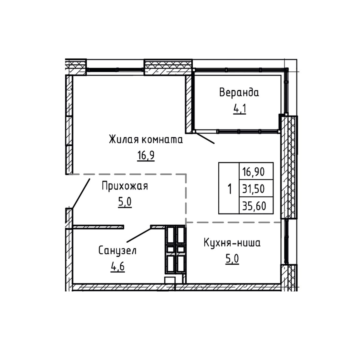 1-комнатная, 35.6 м², № 249 в Агат