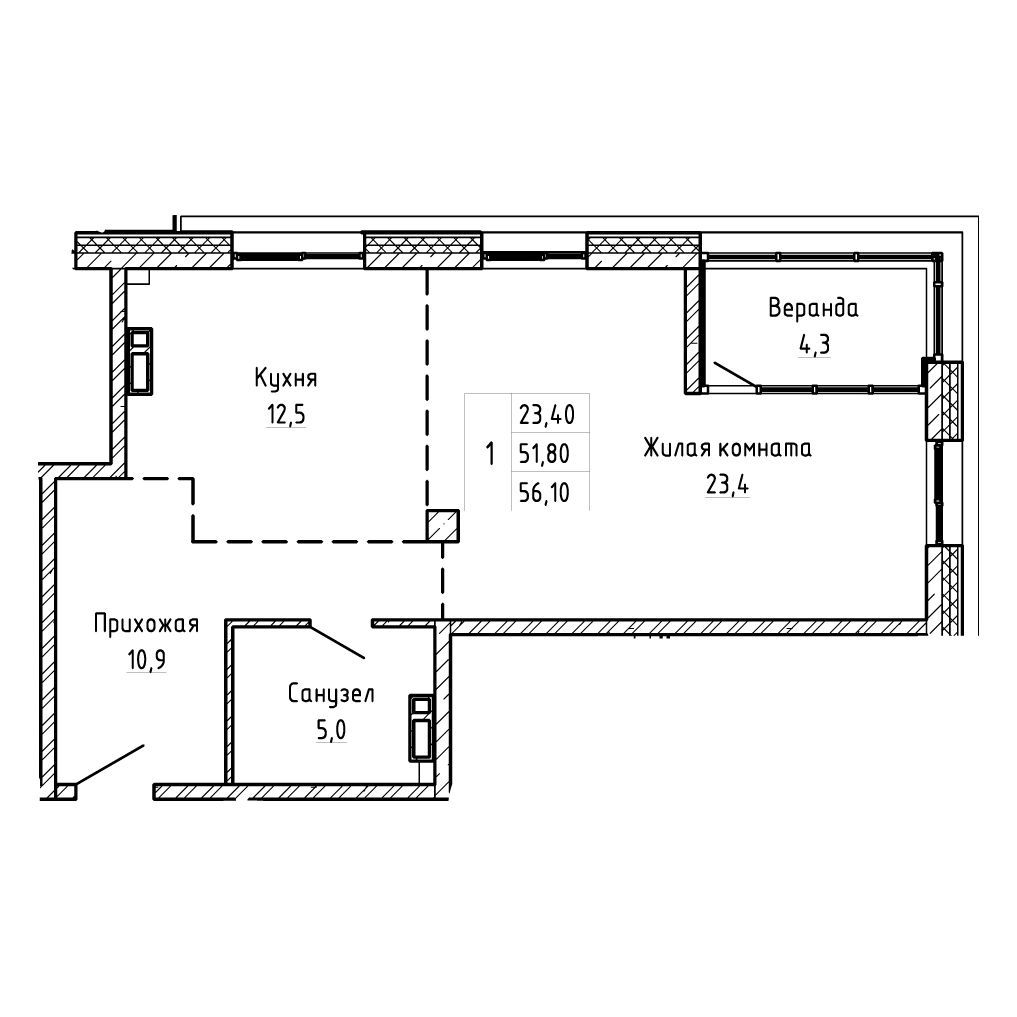 2-комнатная, 56.1 м², № 53 в Агат