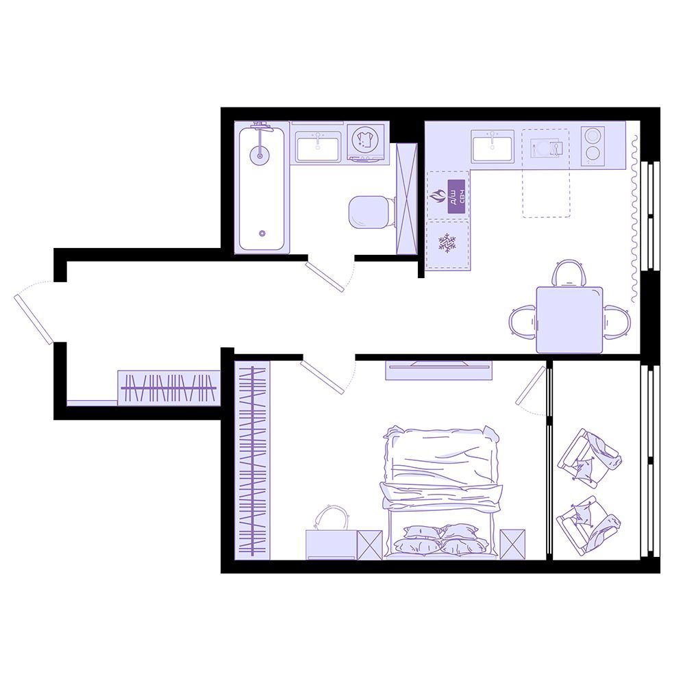 1-комнатная, 44.2 м², № 52 в Агат