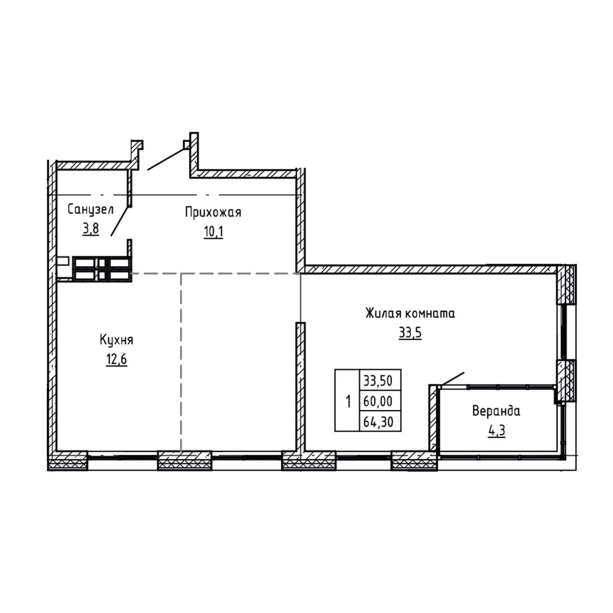 3-комнатная, 64.3 м², № 121 в Агат