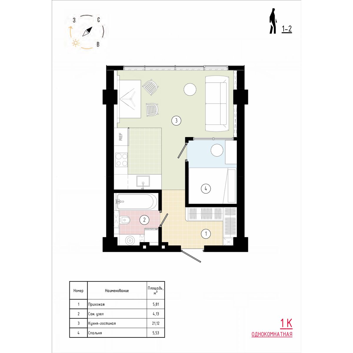 1 комн., 37.3 м²