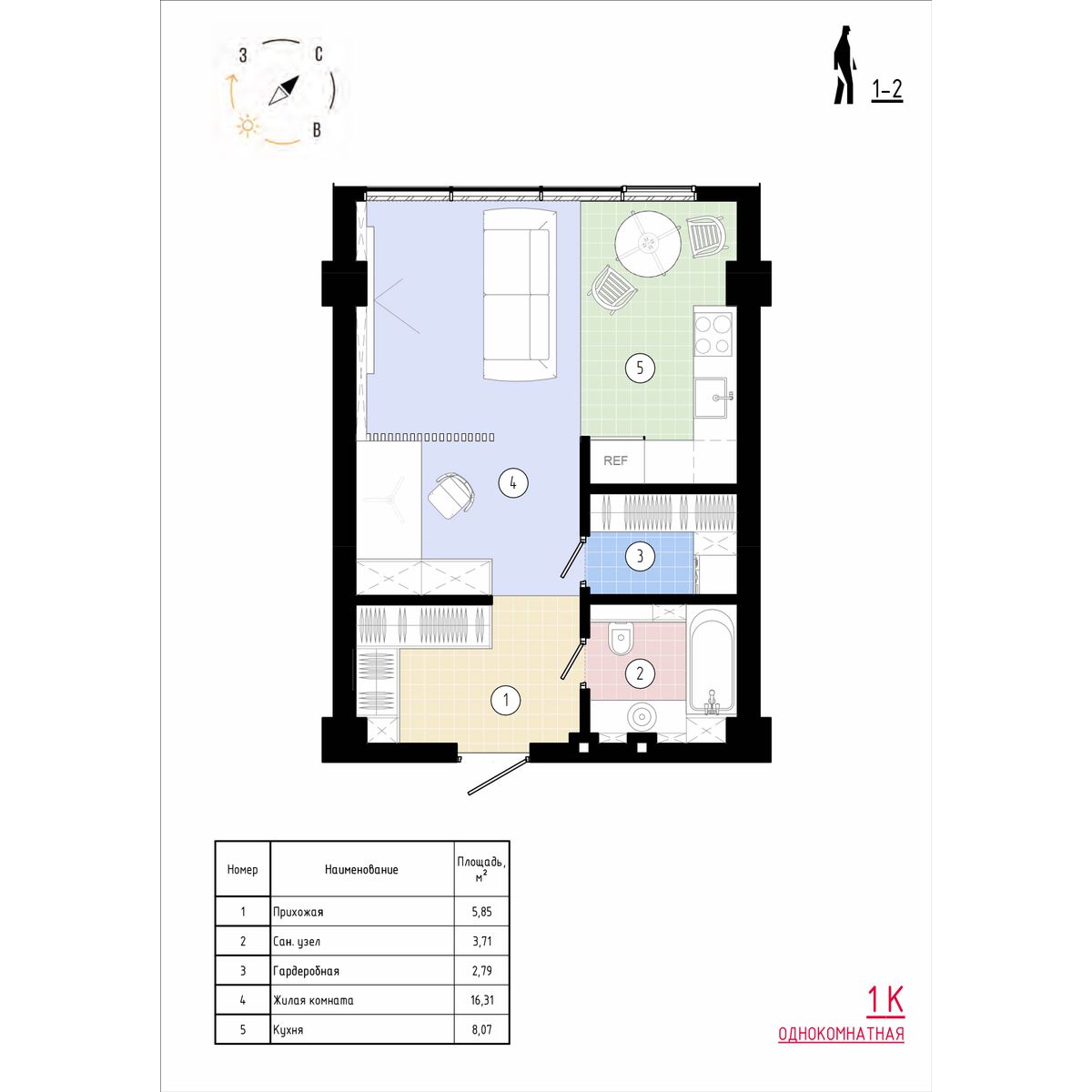 1 комн., 37.3 м²