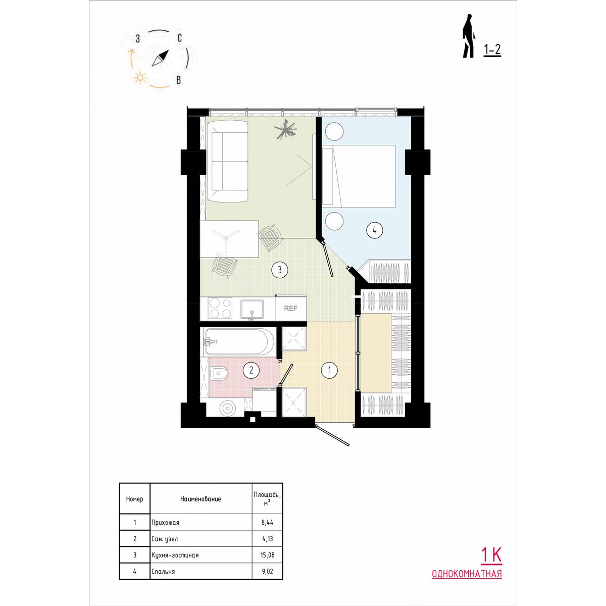 1 комн., 37.3 м²