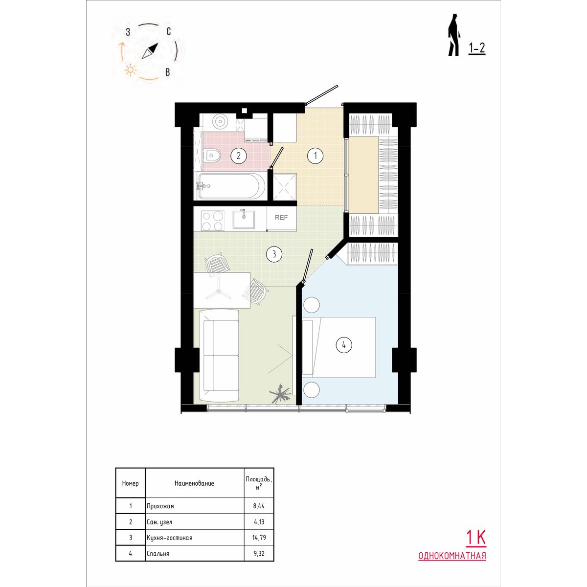 1 комн., 37.3 м²