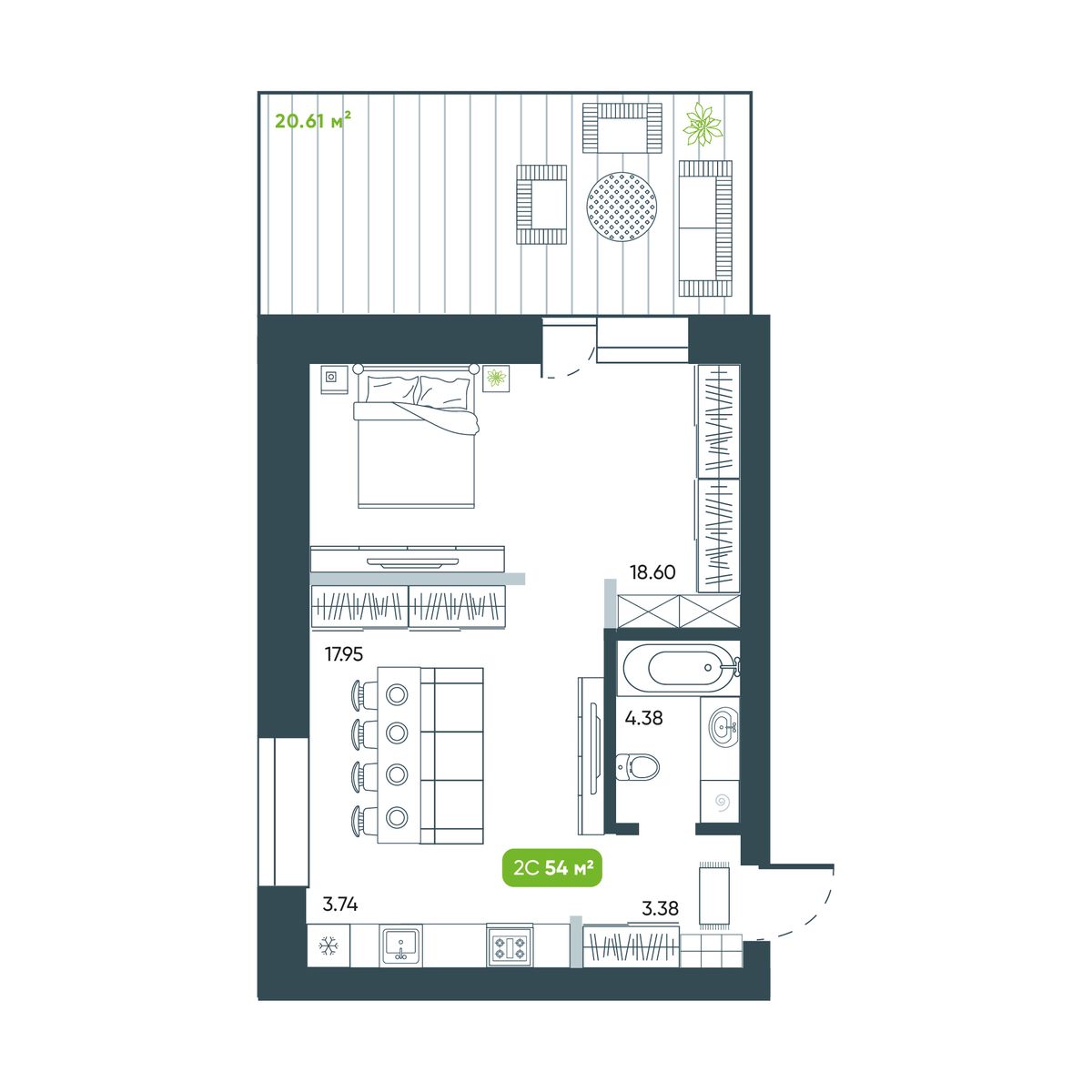 2-комнатная, 48.05 м², № 2 в Botanica (Ботаника)