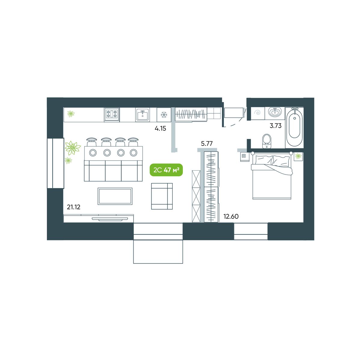 2-комнатная, 47.37 м², № 1 в Botanica (Ботаника)