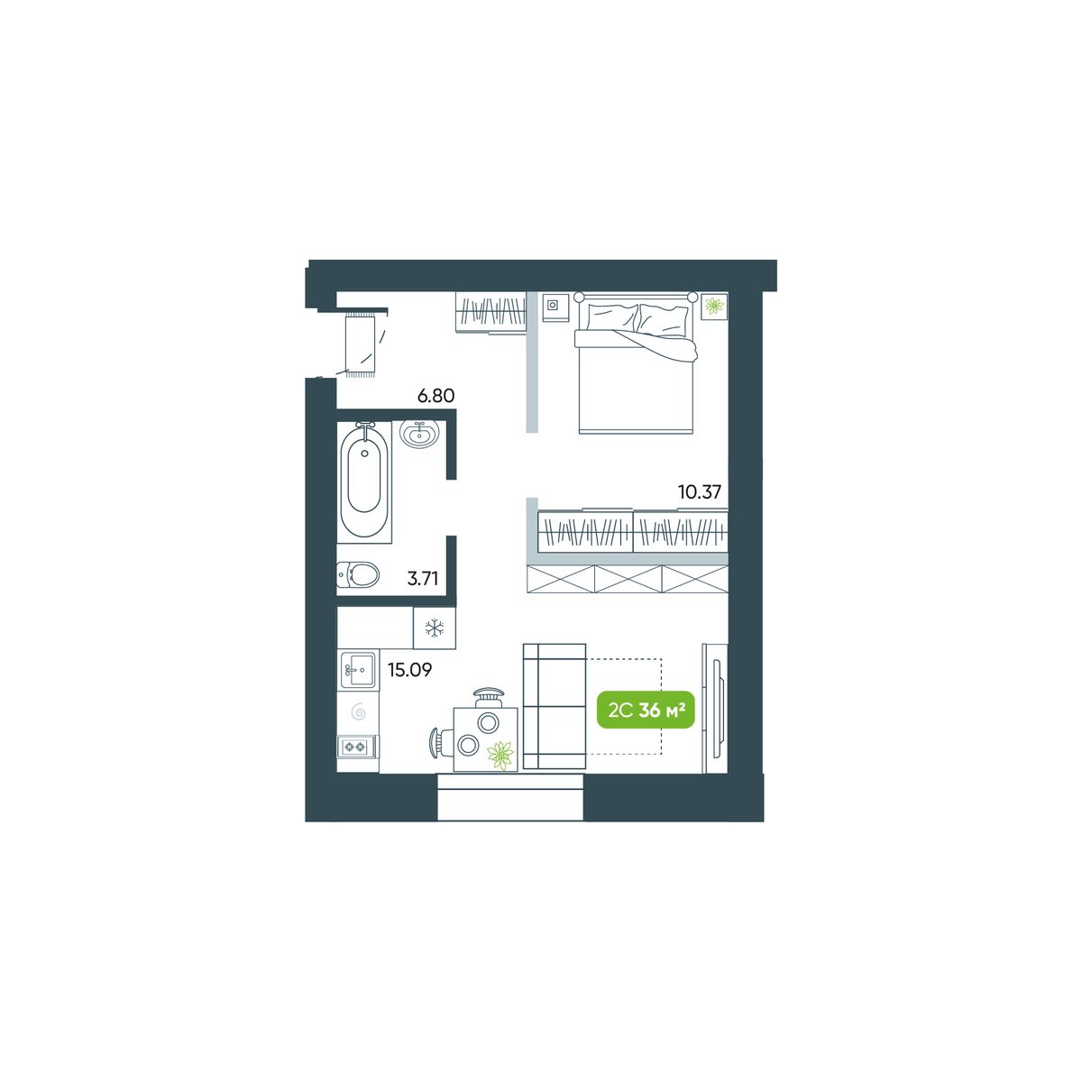 1-комнатная, 35.97 м², № 6 в Botanica (Ботаника)