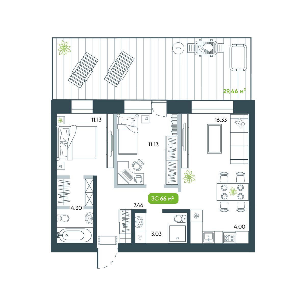3-комнатная, 57.64 м², № 5 в Botanica (Ботаника)