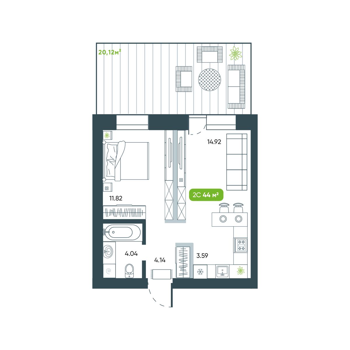 2-комнатная, 38.51 м², № 3 в Botanica (Ботаника)