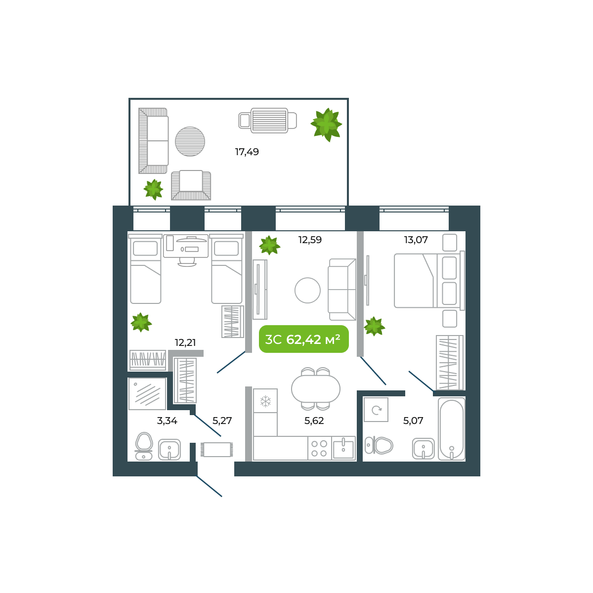 3-комнатная, 62.42 м², № 21 в Botanica (Ботаника)