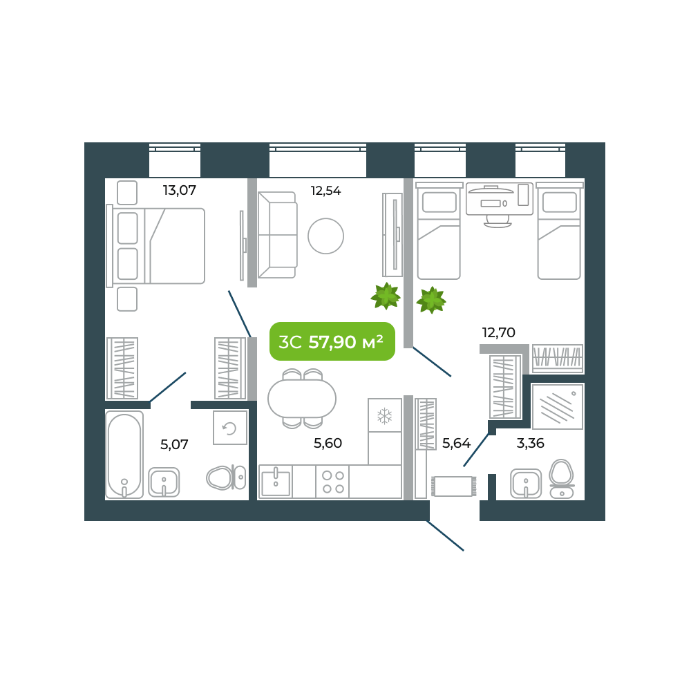3-комнатная, 57.98 м², № 49 в Botanica (Ботаника)
