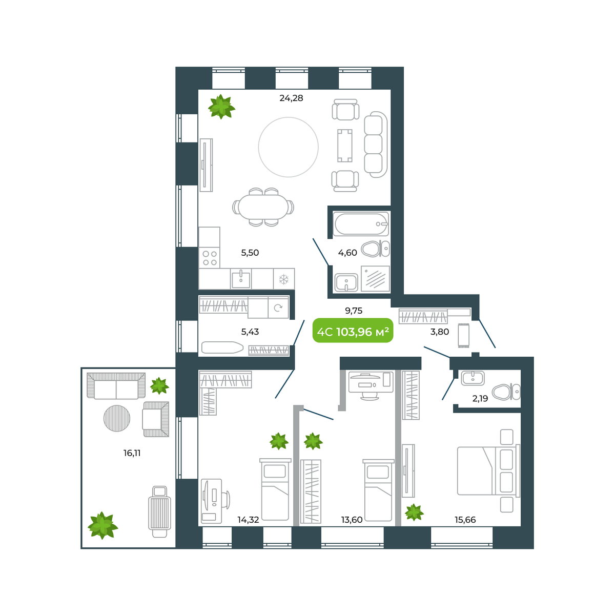 4-комнатная, 103.96 м², № 1 в Botanica (Ботаника)