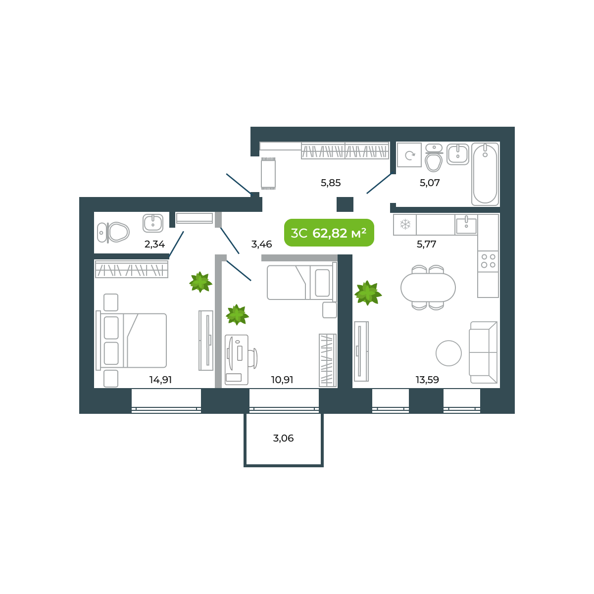 3-комнатная, 62.82 м², № 31 в Botanica (Ботаника)