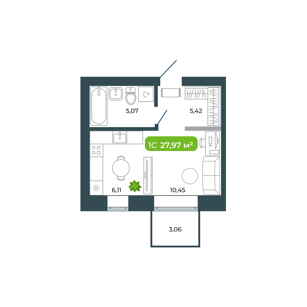 3-комнатная, 27.97 м², № 14 в Botanica (Ботаника)