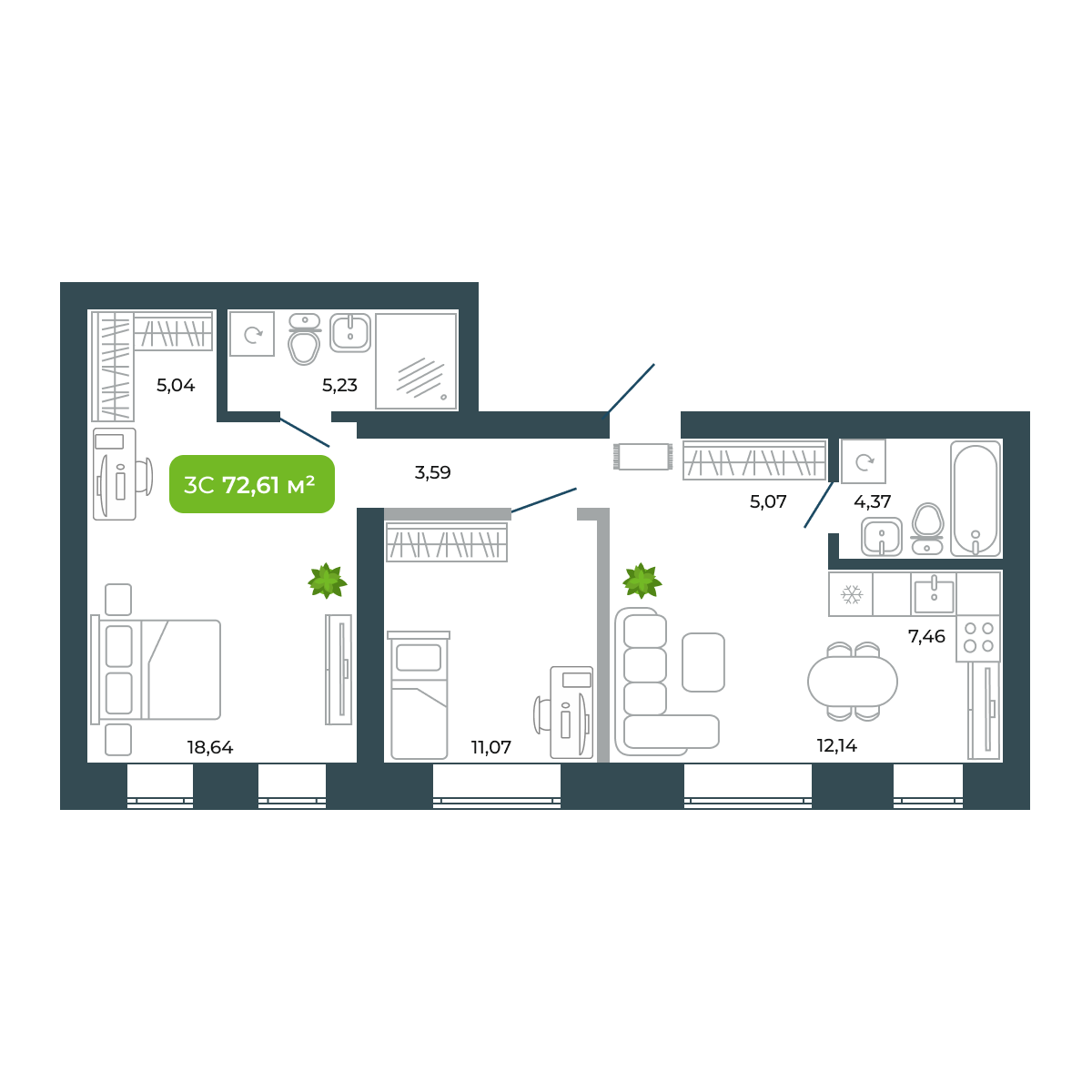 3-комнатная, 72.61 м², № 48 в Botanica (Ботаника)