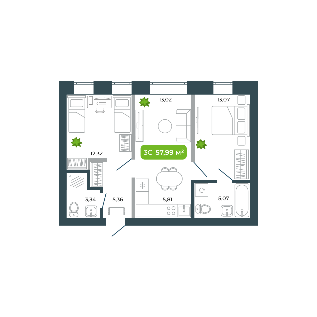 3-комнатная, 57.99 м², № 17 в Botanica (Ботаника)