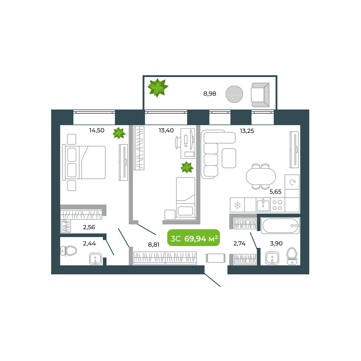 3-комнатная, 69.94 м², № 6 в Botanica (Ботаника)