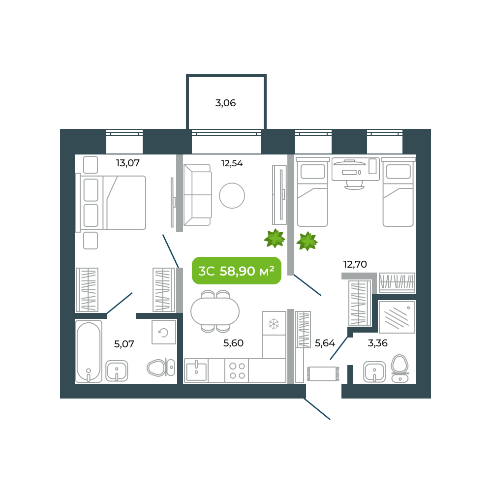 3-комнатная, 58.9 м², № 45 в Botanica (Ботаника)