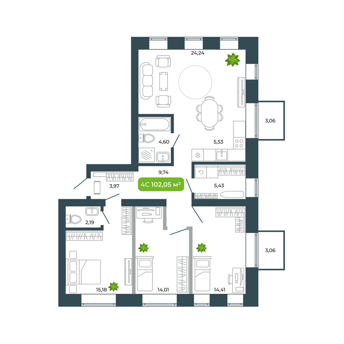 4-комнатная, 101.14 м², № 47 в Botanica (Ботаника)