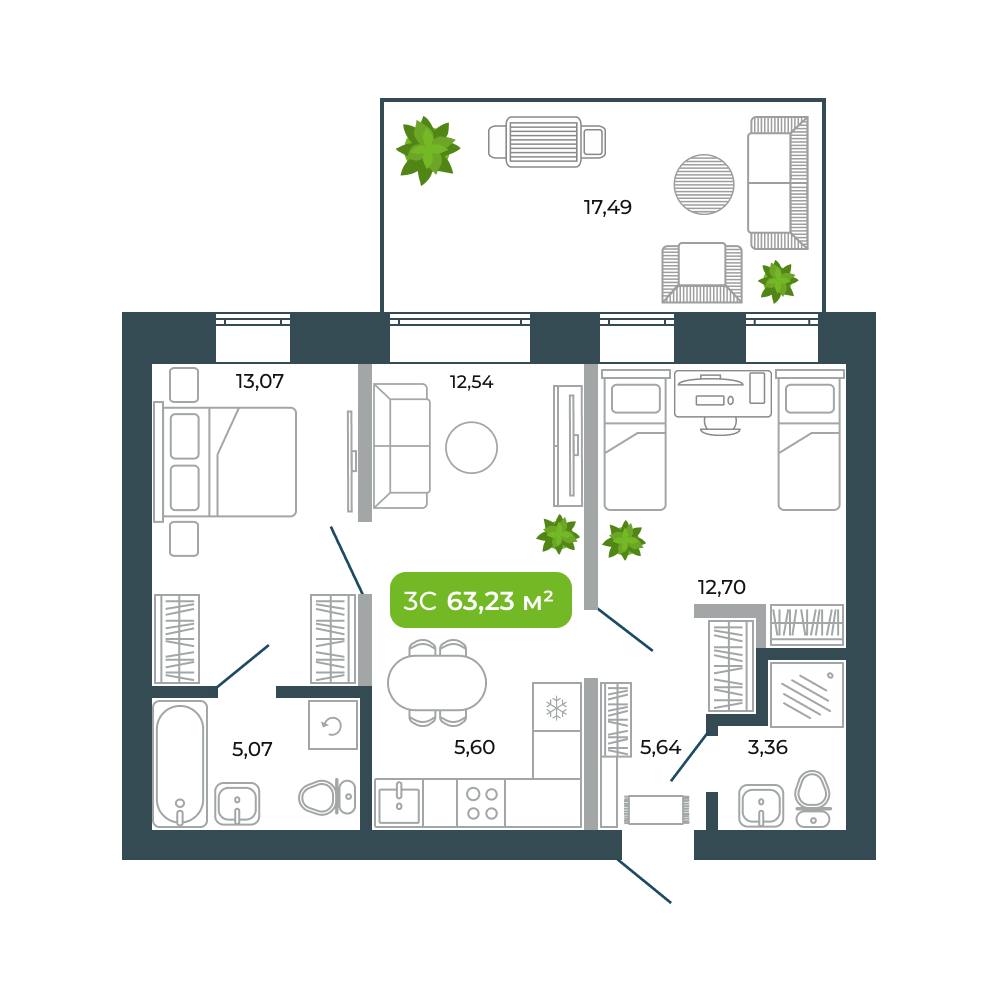 3-комнатная, 63.23 м², № 37 в Botanica (Ботаника)