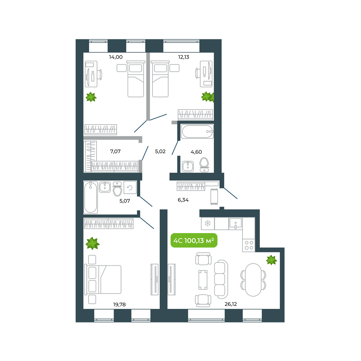 3-комнатная, 100.13 м², № 20 в Botanica (Ботаника)