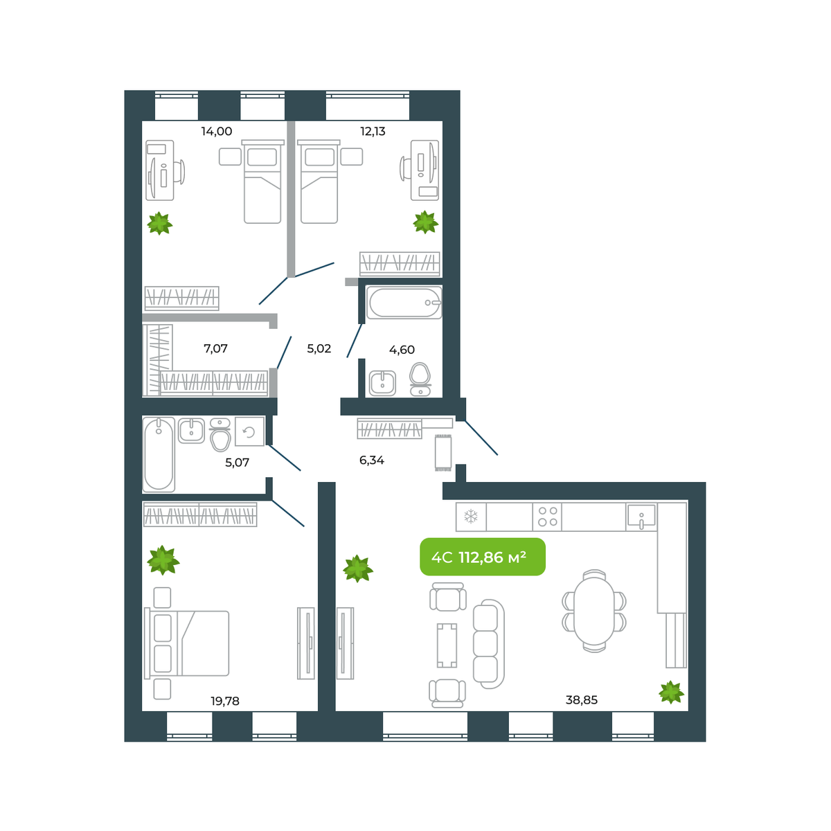 3-комнатная, 112.86 м², № 32 в Botanica (Ботаника)