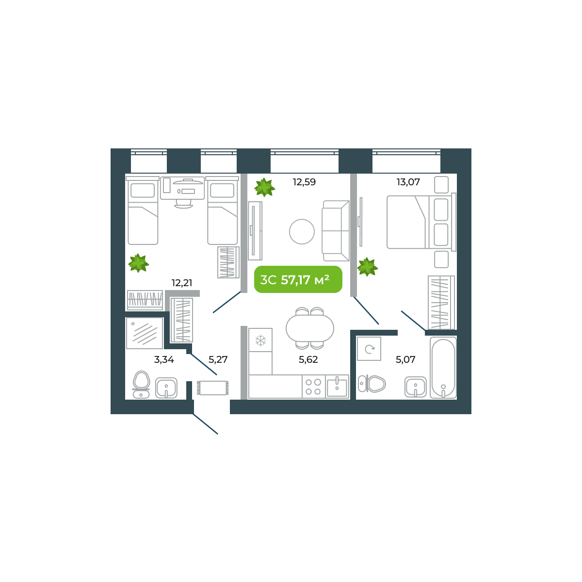 3-комнатная, 61.85 м², № 34 в Botanica (Ботаника)