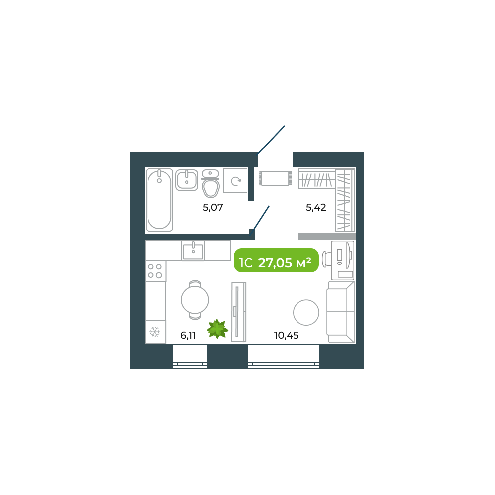 3-комнатная, 27.05 м², № 19 в Botanica (Ботаника)