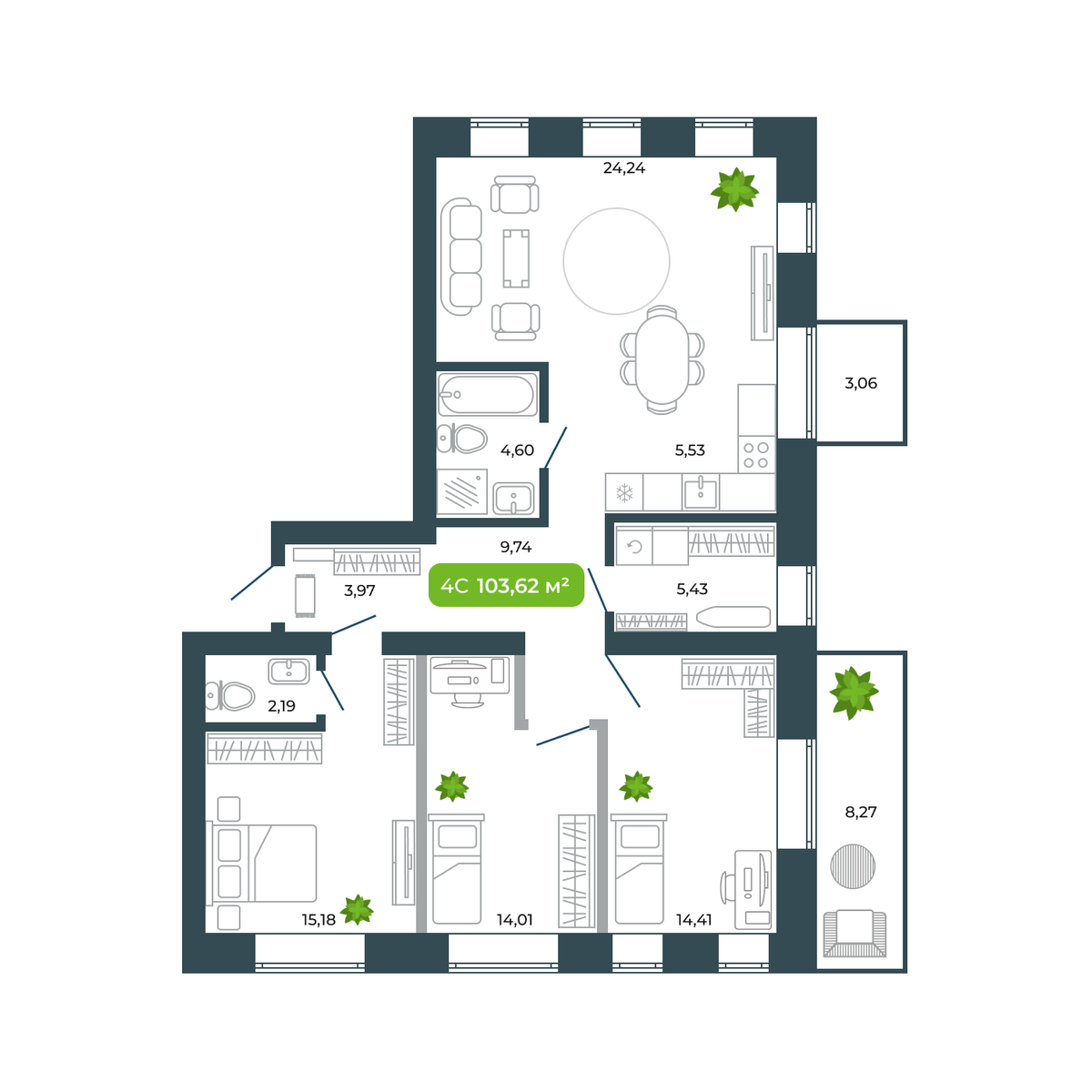 4-комнатная, 102.7 м², № 43 в Botanica (Ботаника)