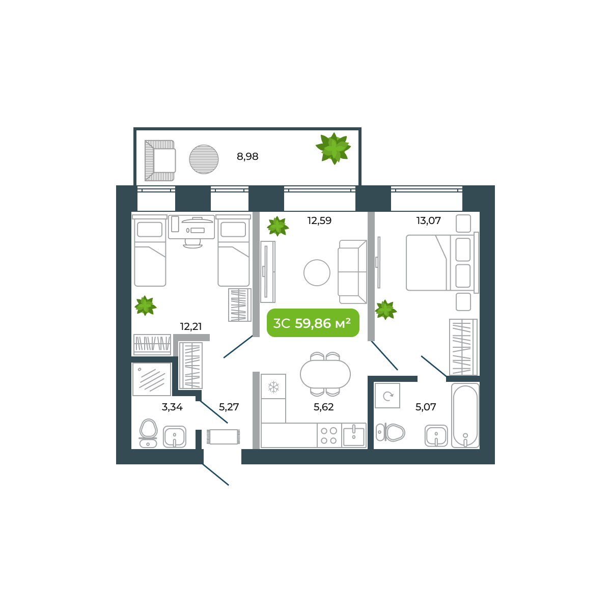 3-комнатная, 59.86 м², № 25 в Botanica (Ботаника)