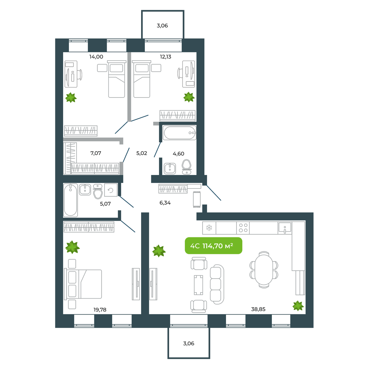 3-комнатная, 114.7 м², № 28 в Botanica (Ботаника)
