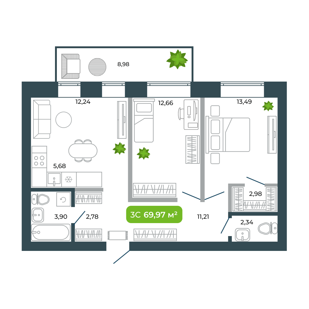 3-комнатная, 69.97 м², № 42 в Botanica (Ботаника)