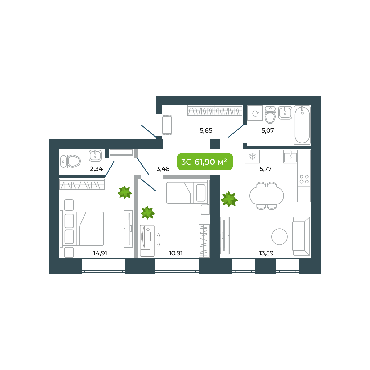 3-комнатная, 61.9 м², № 23 в Botanica (Ботаника)