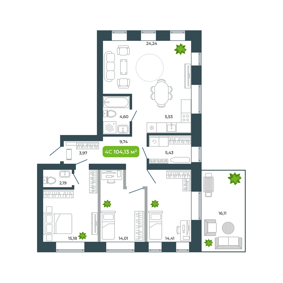 4-комнатная, 104.13 м², № 39 в Botanica (Ботаника)