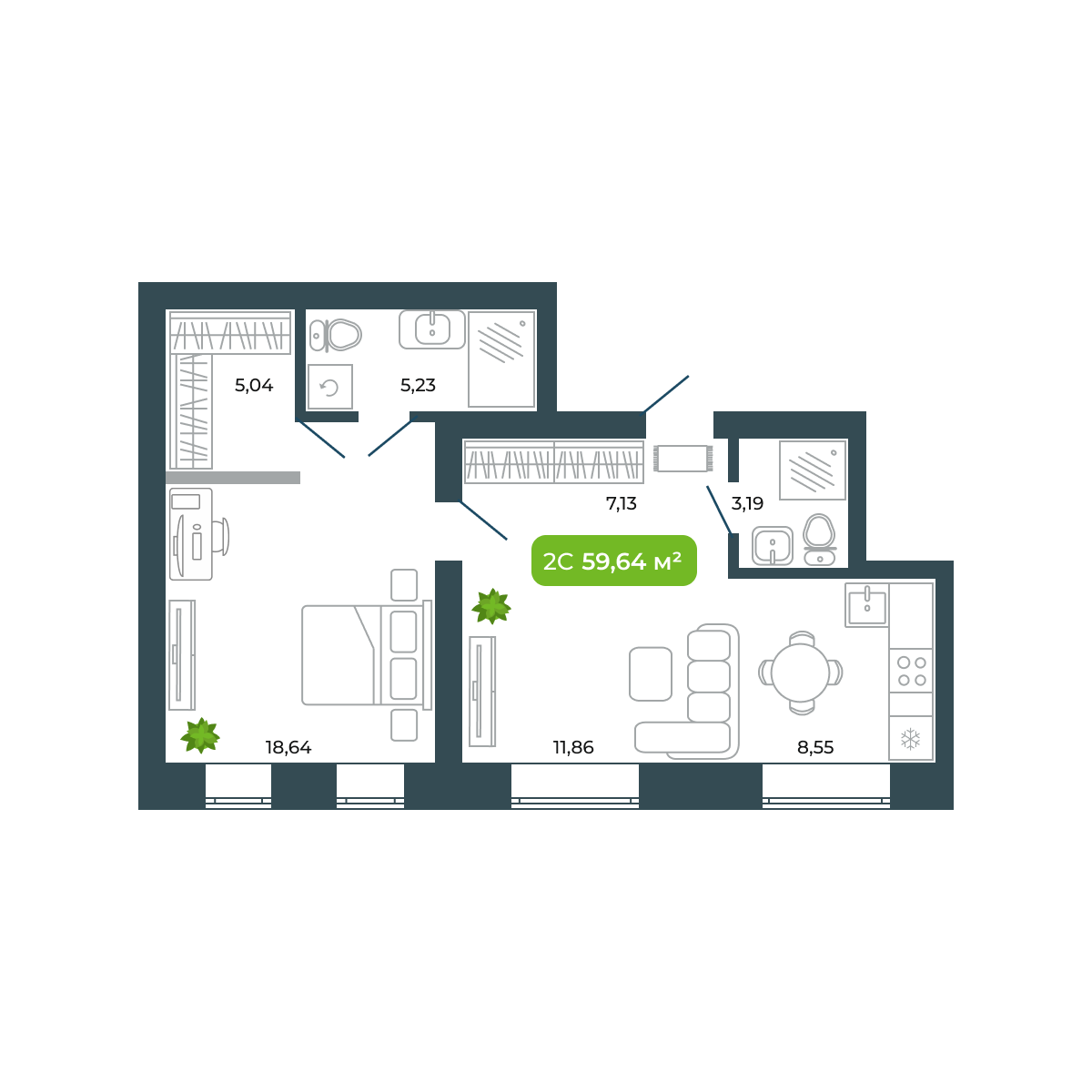 2-комнатная, 59.64 м², № 36 в Botanica (Ботаника)