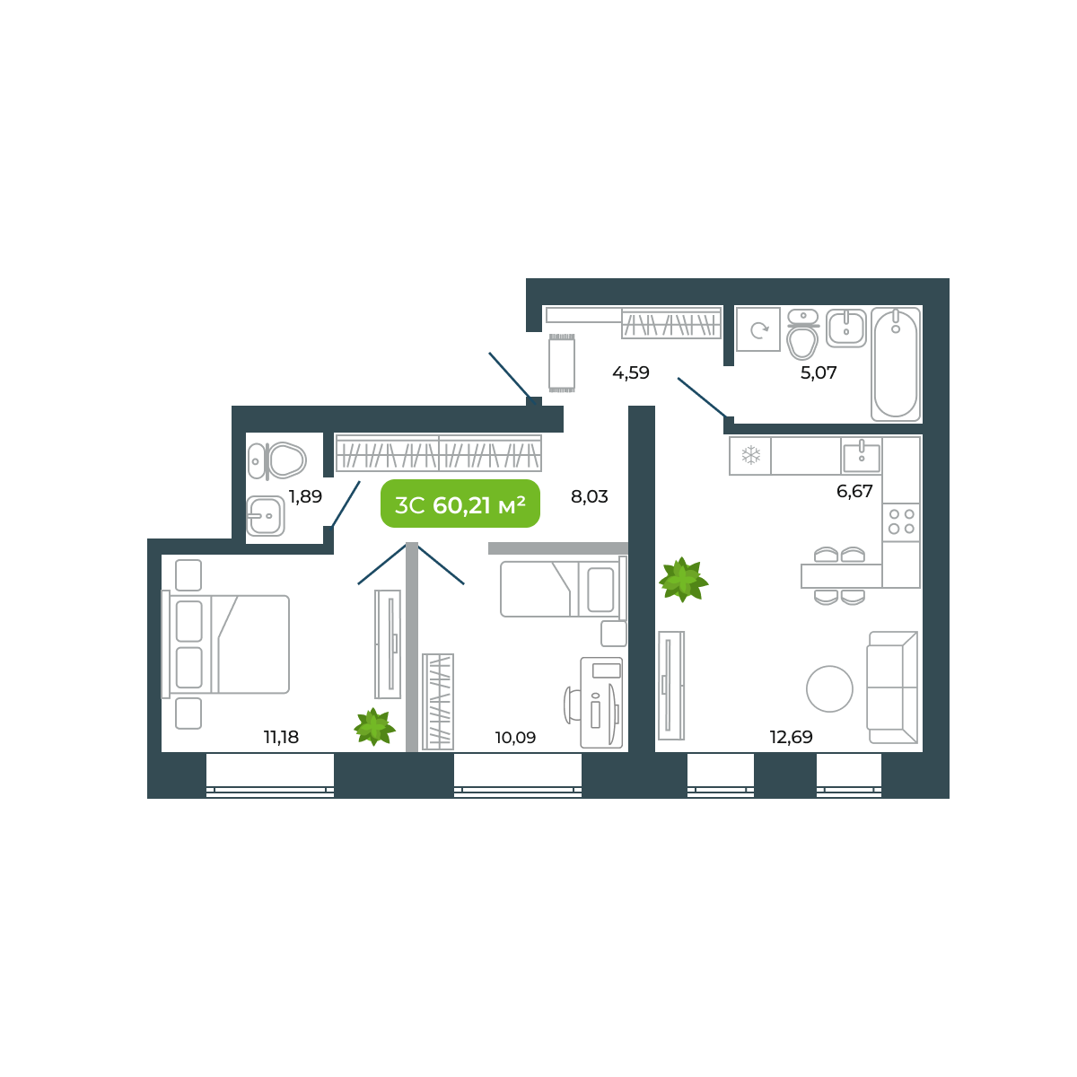 3-комнатная, 60.21 м², № 4 в Botanica (Ботаника)