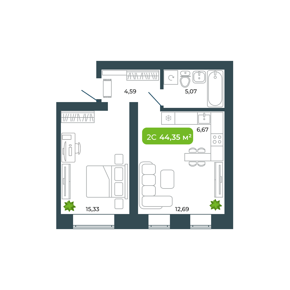 3-комнатная, 44.35 м², № 18 в Botanica (Ботаника)