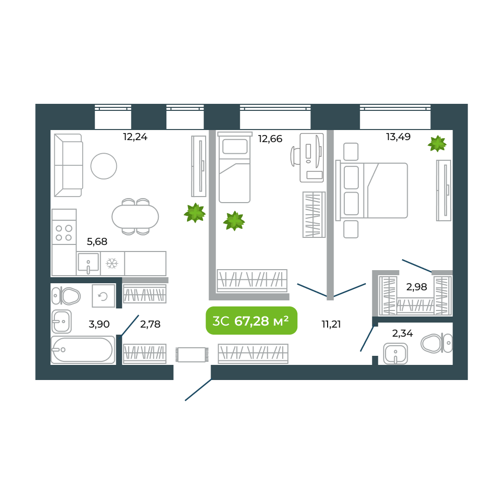3-комнатная, 67.28 м², № 50 в Botanica (Ботаника)