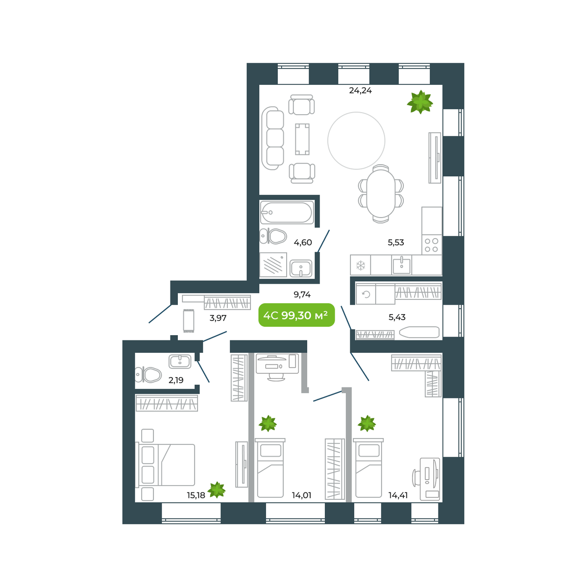 4-комнатная, 99.3 м², № 51 в Botanica (Ботаника)