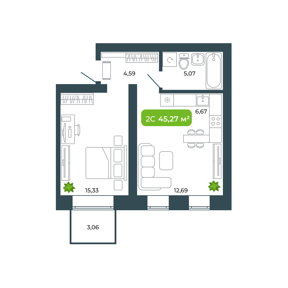 3-комнатная, 45.27 м², № 8 в Botanica (Ботаника)